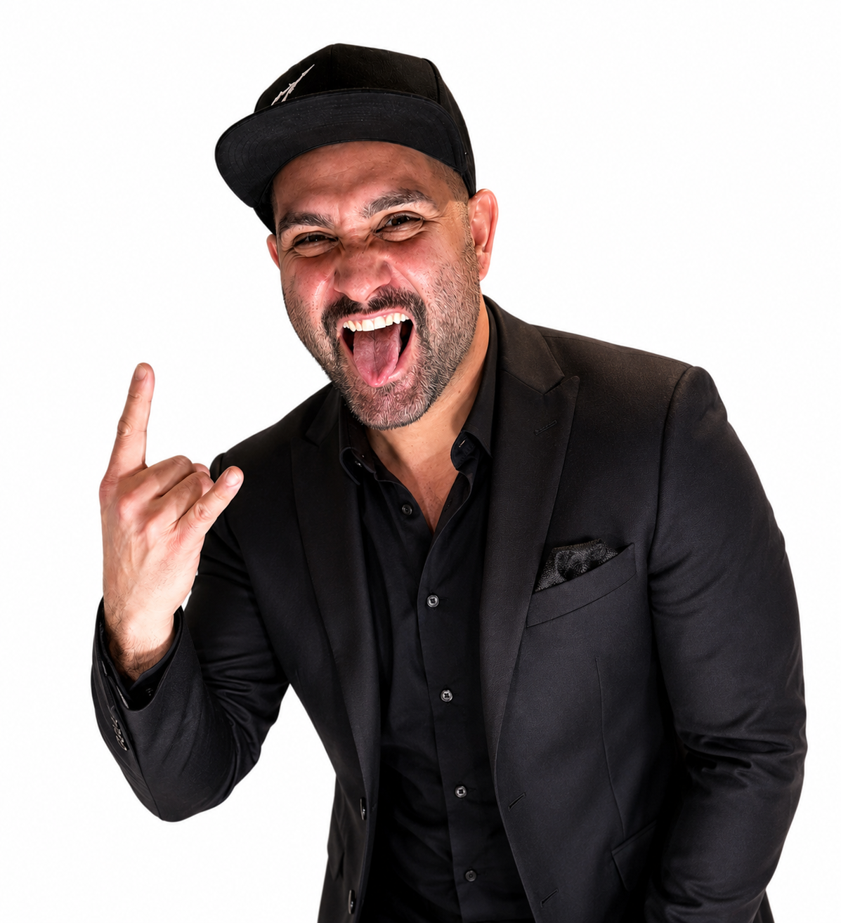 Zahan Sigara headshot in a black suit, pointing to camera