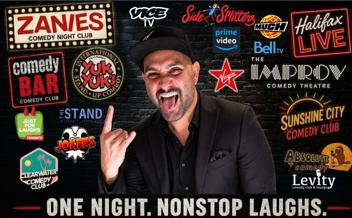 Logos of clubs and shows Zahan Sigara has performed at, including Just For Laughs and VICE TV