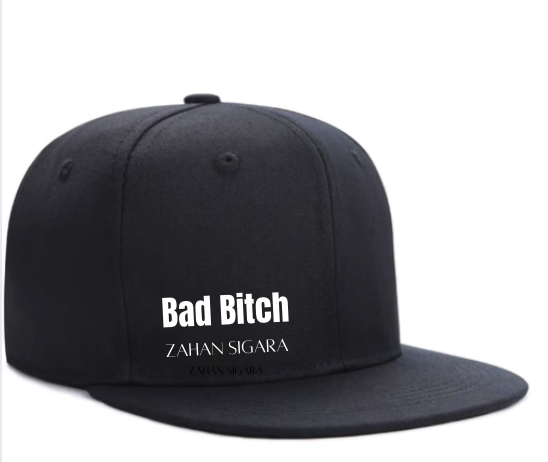 Black snapback cap with Bad Bitch Zahan Sigara text