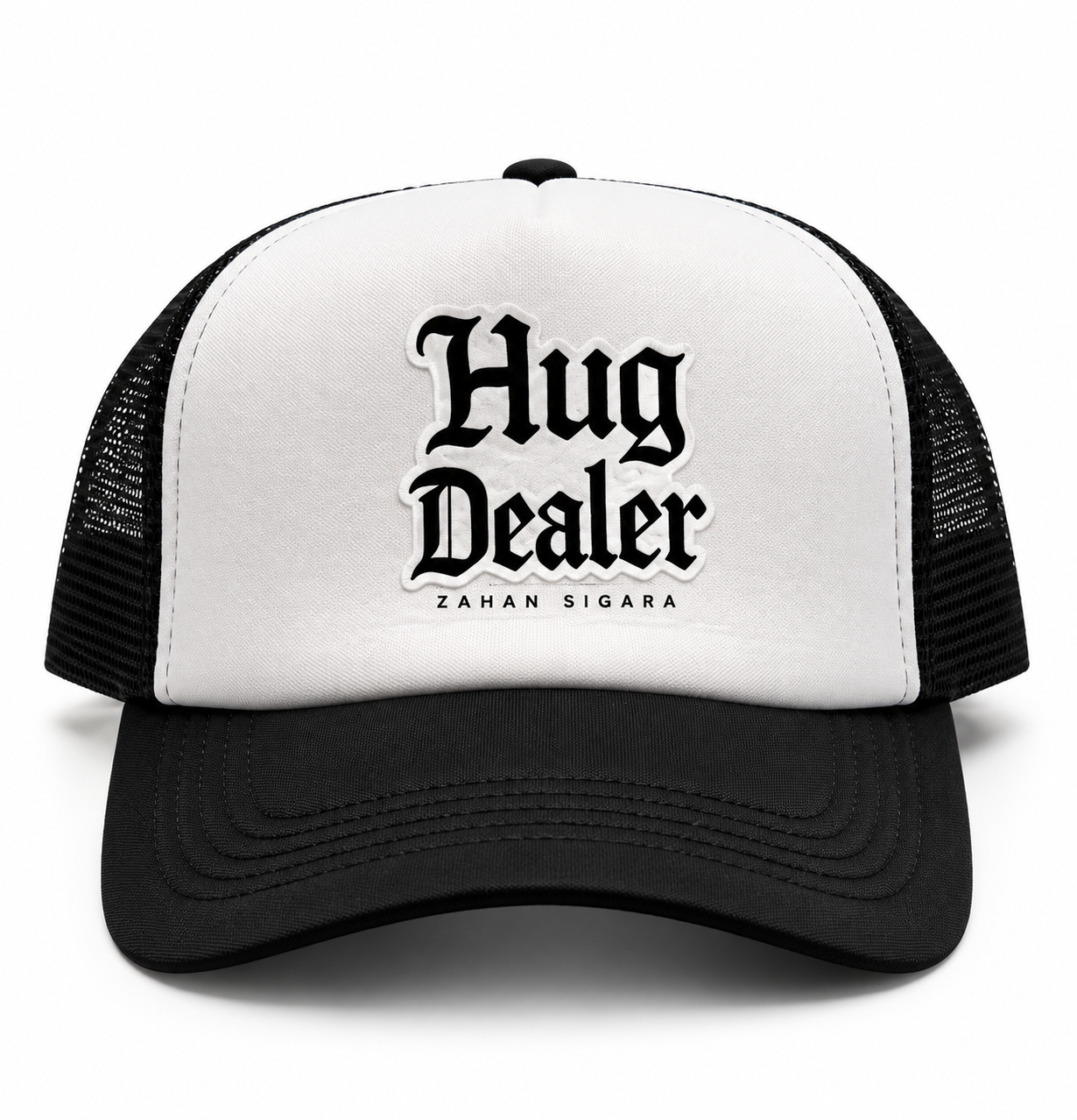 Black and white trucker hat with Hug Dealer Zahan Sigara patch
