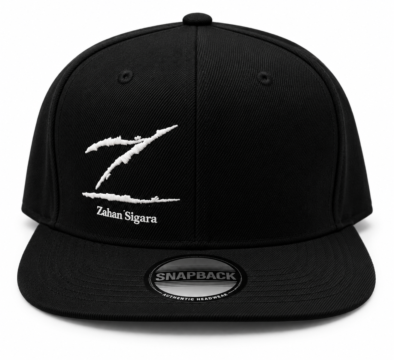Black snapback cap with stitched Z logo and Zahan Sigara script