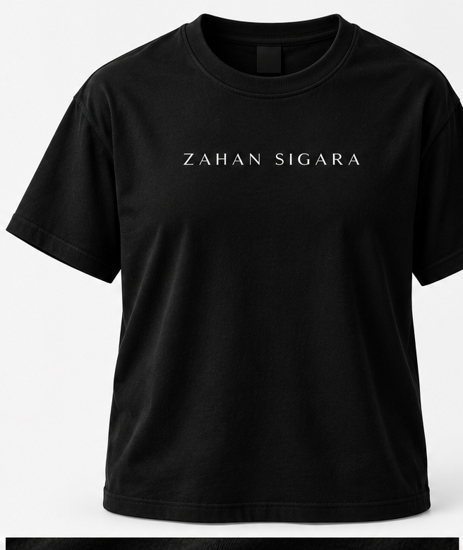 Black unisex-fit t-shirt with Zahan Sigara wordmark logo
