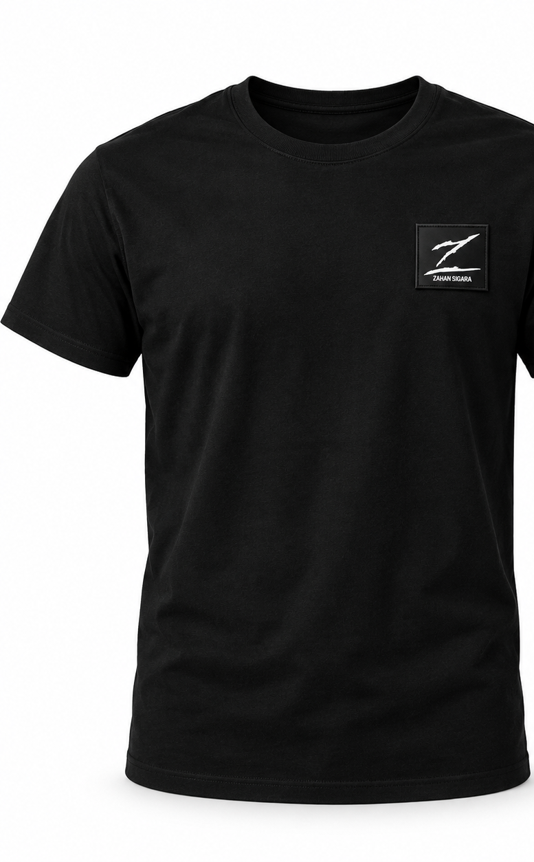 Black t-shirt with small Z patch logo on the chest
